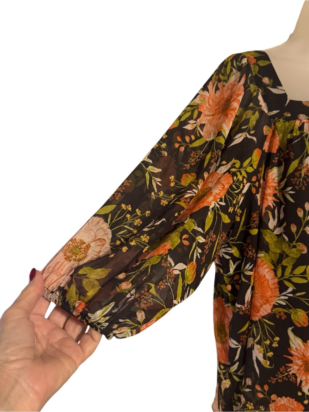 Floral Square-Neck Peasant Blouse in Black and Coral PLUS: 1X #G - Picture 3 of 9